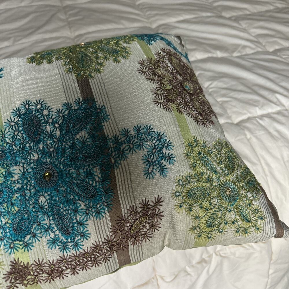 Pier 1 Imports Jeweled Embroidered Accent Pillow Green/Teal/Brown 19x13 - Picture 4 of 8